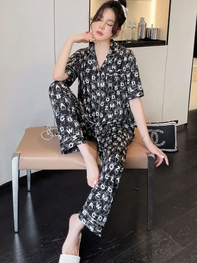 2024 Summer Fashion New Couple Pajamas Silk Cool Outer Wear Plus Size Home Clothes