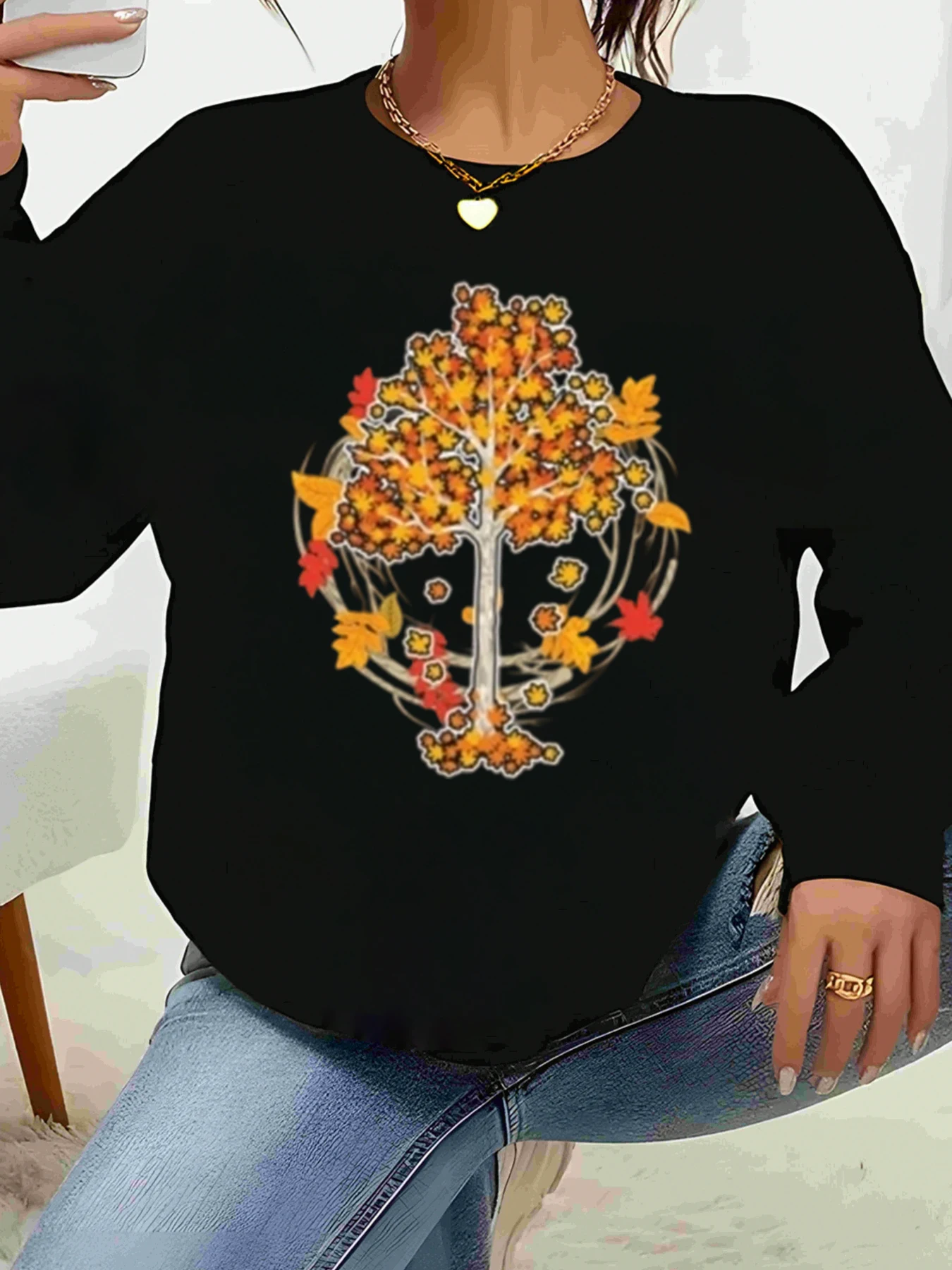 

Топ с длинными рукавами и принтом осеннего дерева, осенний сезон, повседневная одежда, женская мода