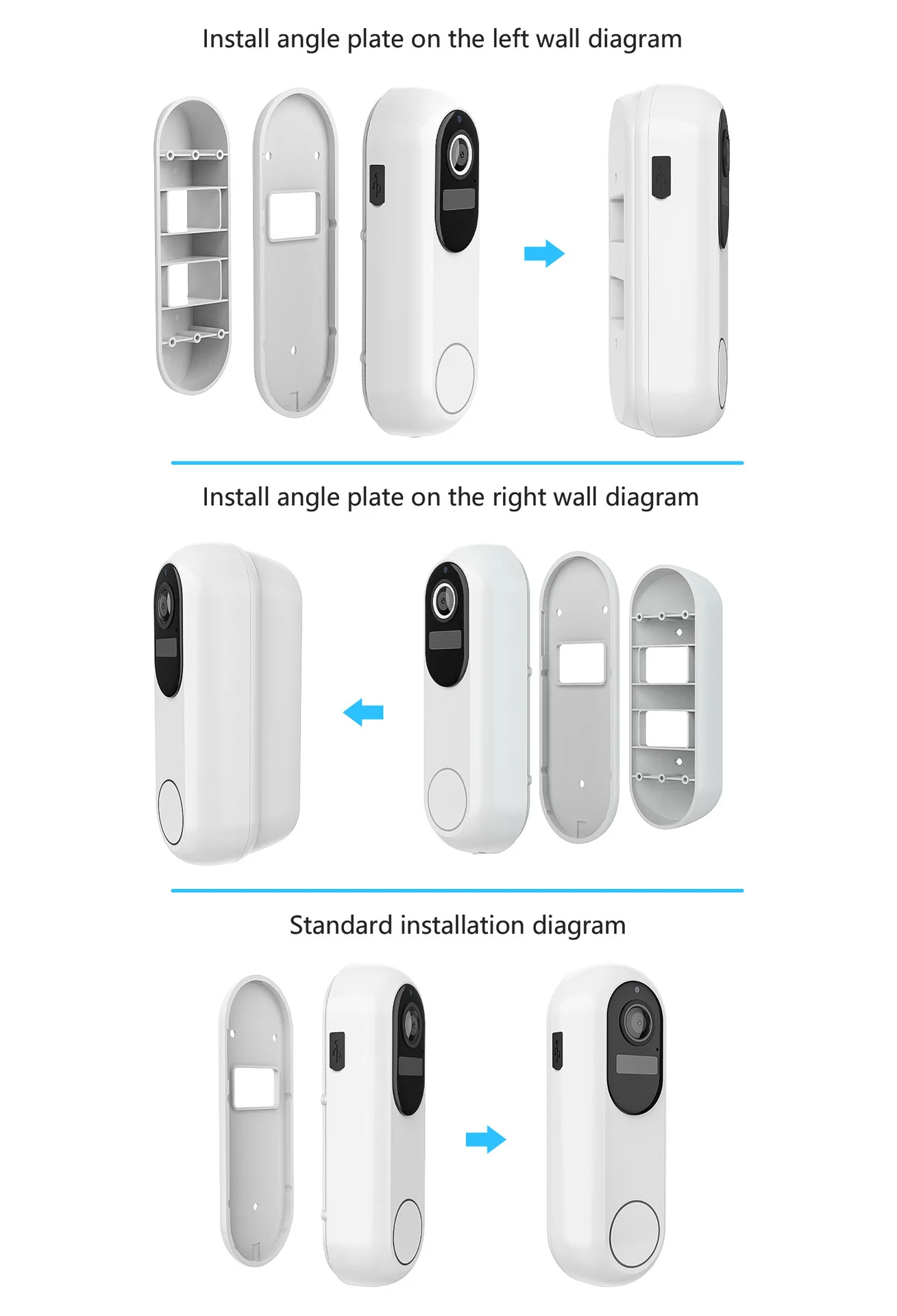 White wireless video doorbell camera with 1080p dual wifi featuring a black camera lens and circular button.