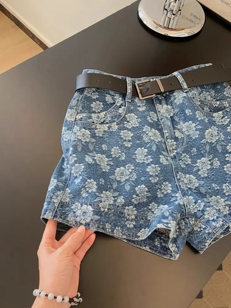 Women Blue Flower Print Embroidery Jeans Shorts Mini Hot Cowboy Pants Y2k Gyaru Beach Short Jeans High Waist Micro Shorts Summer
