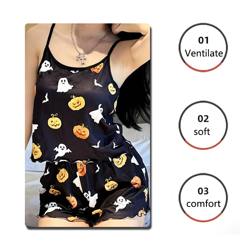 Sexy Nightwear Women Halloween Pumpkin Spooky Print Silk Pajamas Set Suspenders Loungewear Sleepwear Girl Soft Sling Home Wear