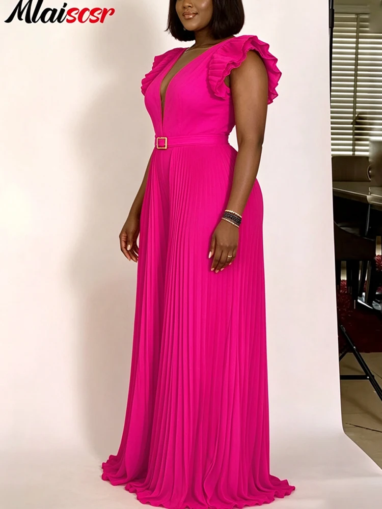 Female Orange Color Jumpsuit Deep V Neck Ruffle Shoulder High Waist Belted Pleated Wide Leg for Party Dinner Event Holiday
