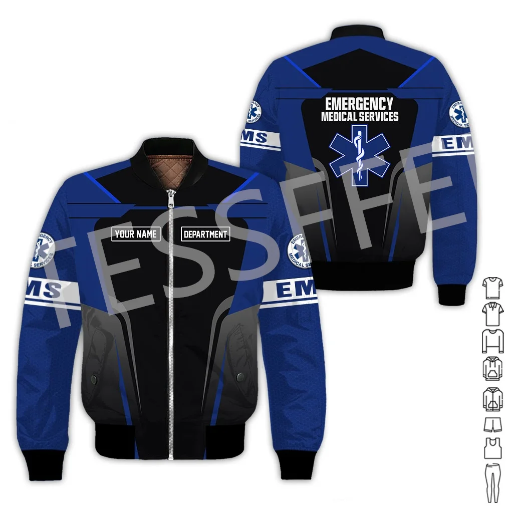 Custom Name Cosplay EMS EMT Medical Paramedic Worker Tattoo 3DPrint Streetwear Winter Windbreaker Warm Coat Bomber Jacket X4