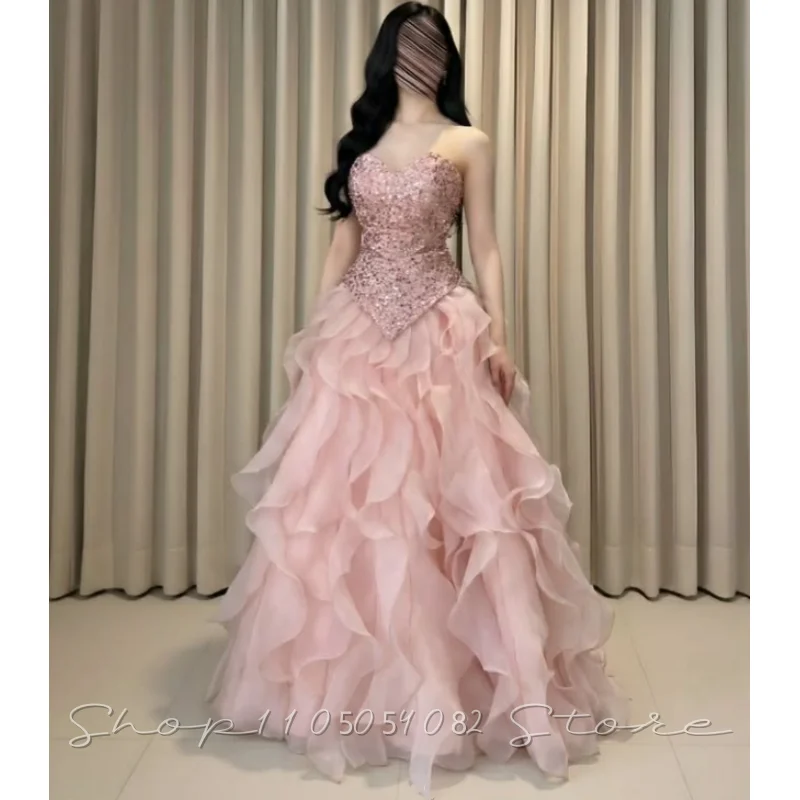 

Нежно-розовые элегантные вечерние платья без бретелек с пайетками, вырезом в форме сердца, с рюшами, для вечеринок, торжественных мероприятий, выпускных вечеров, на заказ