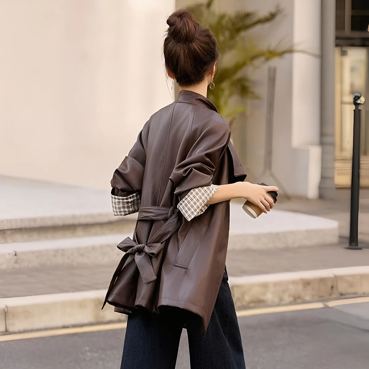 Ele Long Leather Jaet Women's Autumn New Sle Belted Maturi Lightened Wind Coat Polyester Fiber Long Sve Loose Fit