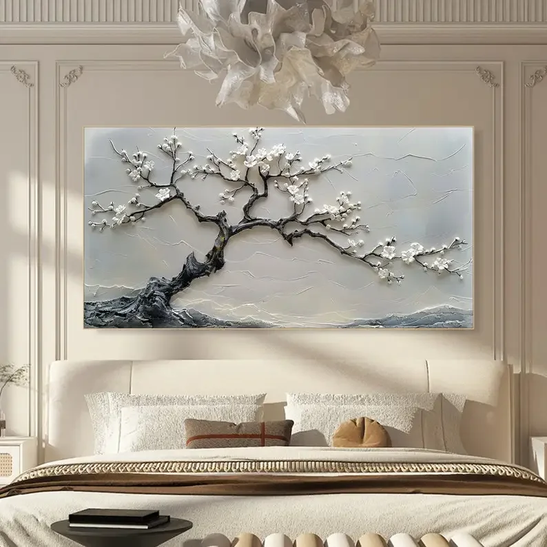 Large-sized 1pc frameless Canvas Painting 2D/Flat 1pc Extra Large White Blossom Tree Canvas Wall Art, Noframed Modern Textured C
