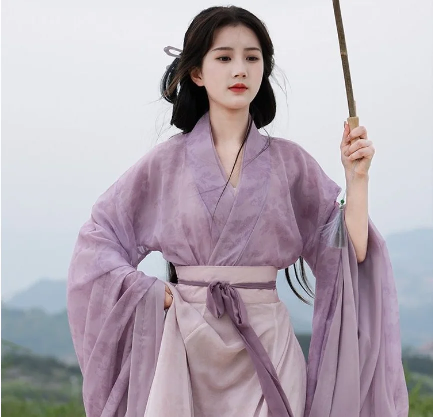 Chinese Style Adult Hanfu Dress in Wei and Jin Dynasty Fashion with Wide Collar, Broad Sleeves, and Eight-Part Skirt for Everyda