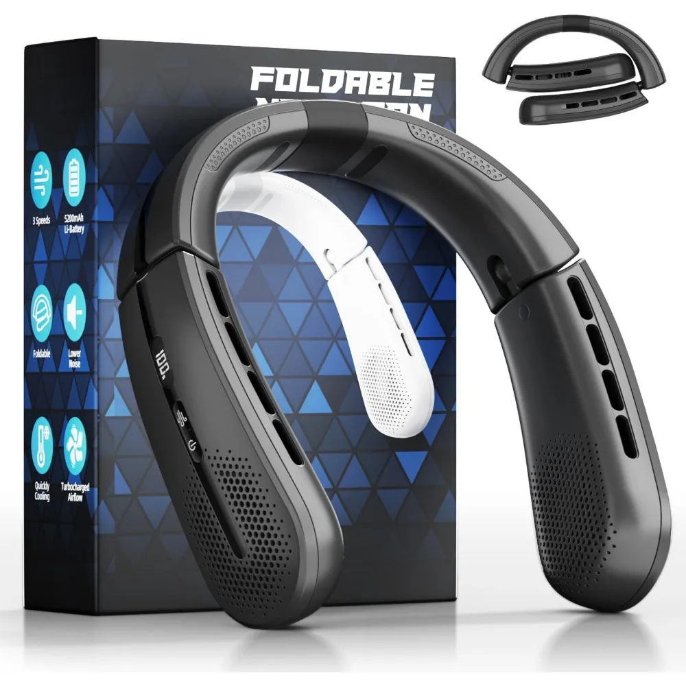 

Portable Neck Fan with Turbo Airflow 8400 RPM 5200mAh Rechargeable 16H Runtime 4 Speed Foldable LED Display Cooling Wearable