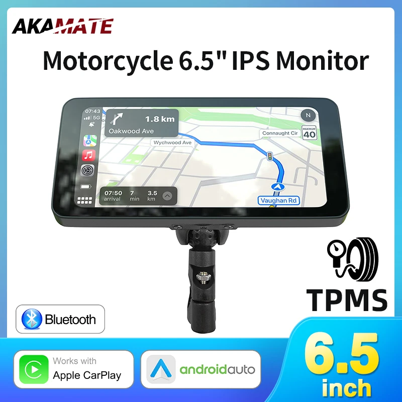 6.5inch Motorcycle Monitor CarPlay Android Auto Navigation Tire Pressure Display Portable IPS Screen Waterproof AUX Bluetooth