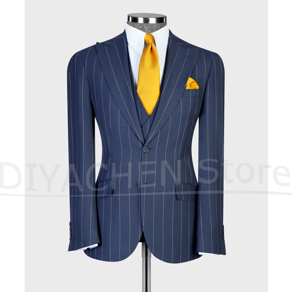 Mens Pinstripe 3 Piece Suit Slim Fit Peak Lapel Single Breasted Wear Formal Wedding Business Casual Outfit (Jacket+Vest+Pants)