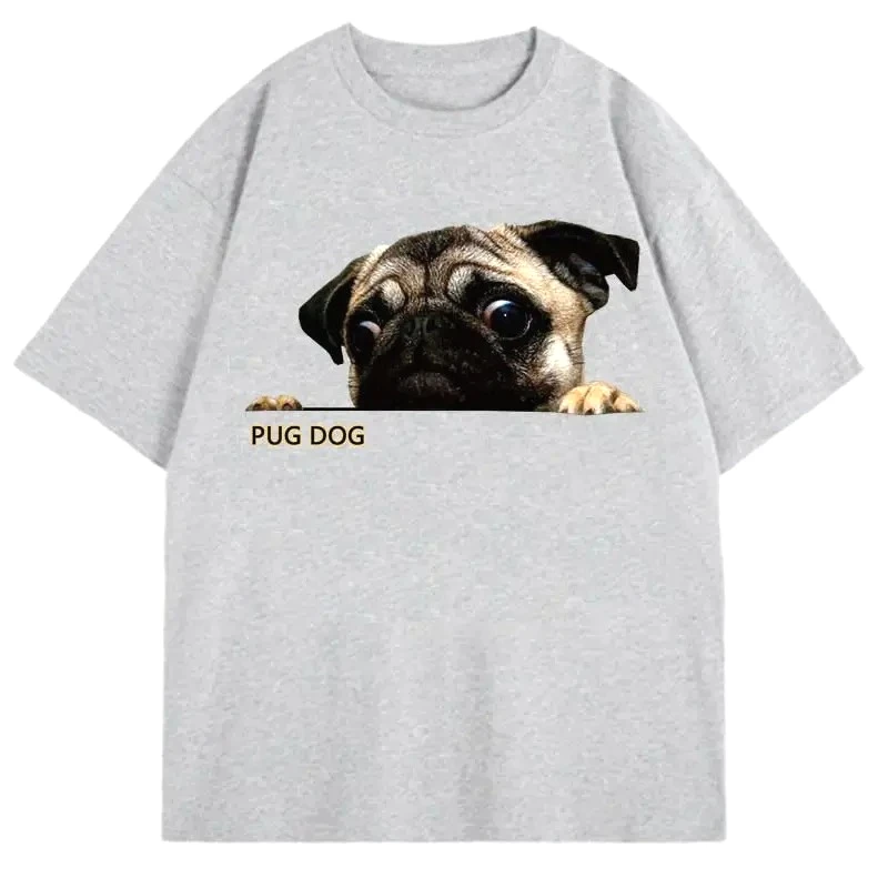 2026년 신상품 마이나 퍼그 강아지 패턴 반려견 프린트 여성용 루즈핏 반팔 트렌디 캐주얼 티셔츠 O넥 편안한 상의