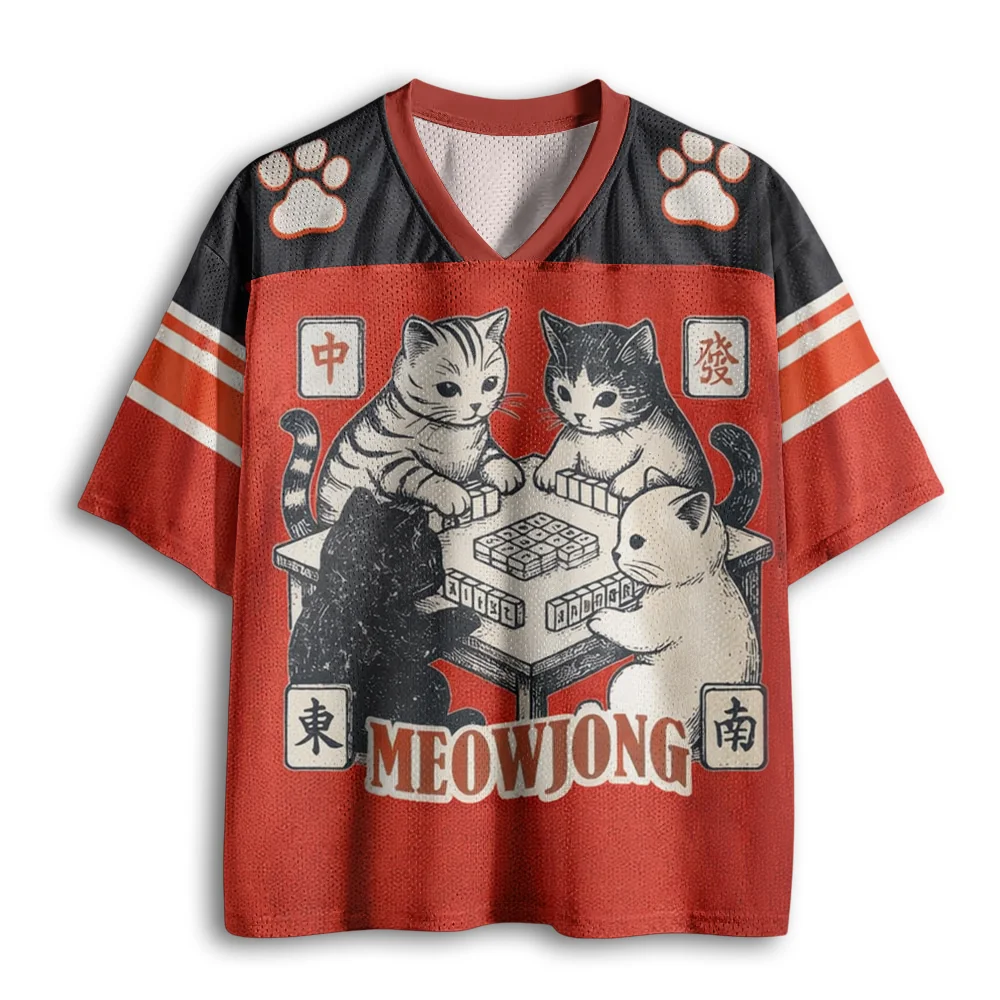 Vintage Cats Mahjong Printed Mesh Jersey, Retro Kitten Playing Mahjong V Neck Short Sleeve Casual Sport Shirt