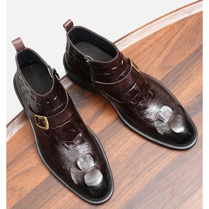 

Men Crocodile Leather Boots British High Top Ankle Boots Pointed Toe Side Zipper Winter Business Formal Shoes