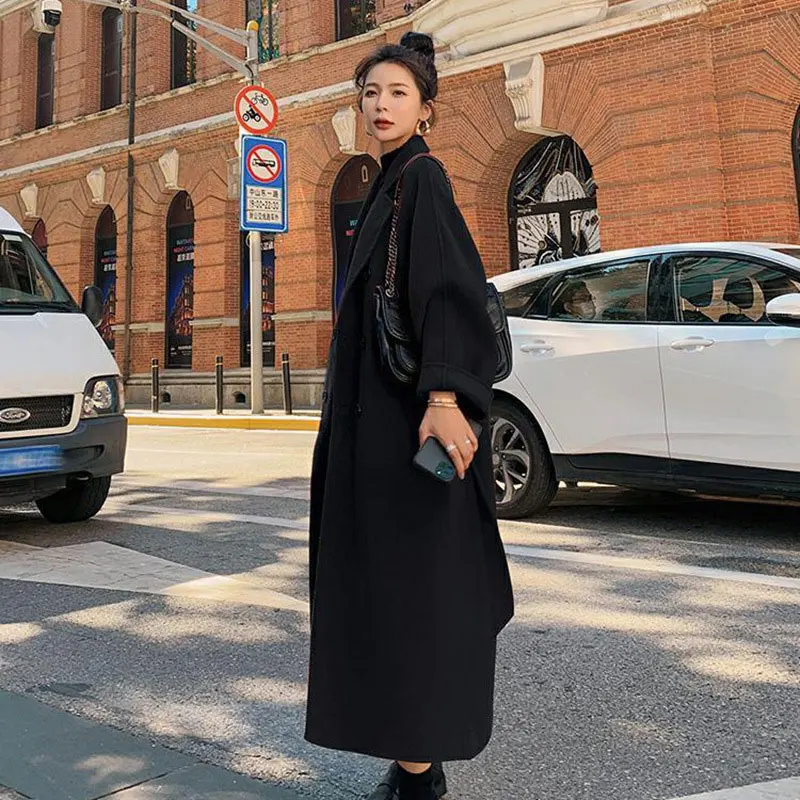 Winter Trench Coat For Women Elegant Fashion Korean Casual Thick Wool Coat Red Lace-up Long Jacket  Black Woman Coat With Blet