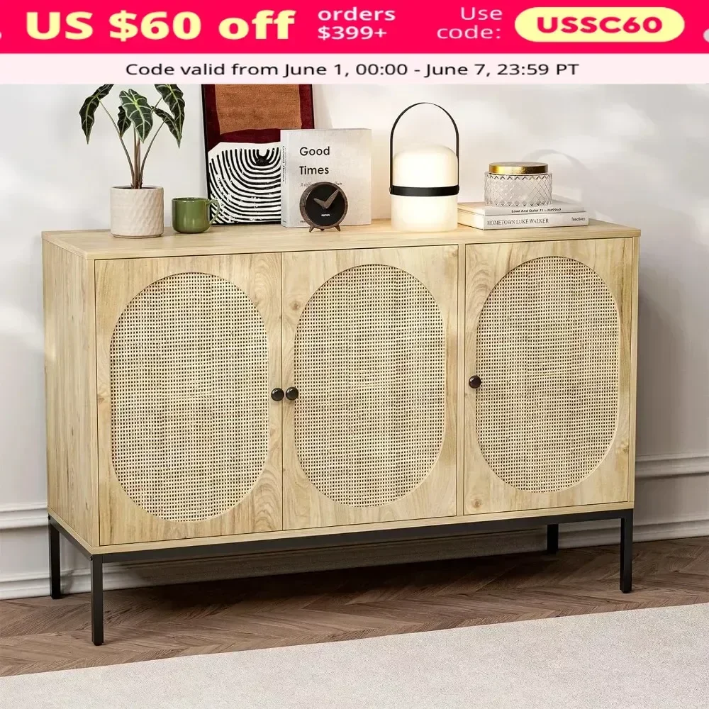 XMSJ Living Room Cabinet, Furniture, Handmade Natural Rattan Doors, Sideboard Buffet Cabinet with Storage, Room Cabinet