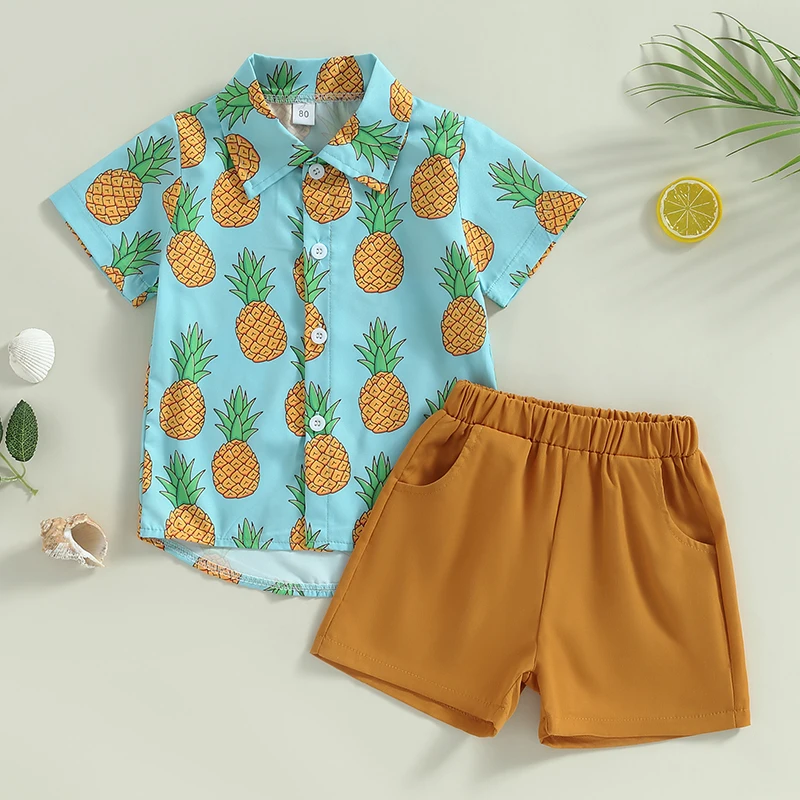 Toddler Baby Boy Summer Clothes Hawaiian Beach Outfit Short Sleeve Pineapple/Coconut Print Button Down Shirt + Shorts Casual Set