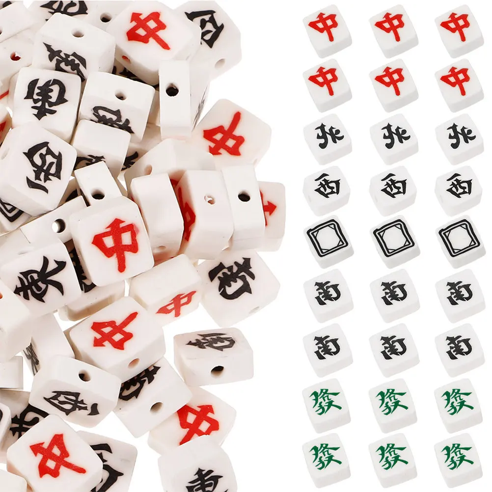 50 peças de Contas de Argila Polimérica Chinesas Únicas, Formato de Peça de Mahjong, Planas, para Fabricação de Joias DIY (Pulseiras e Colares)