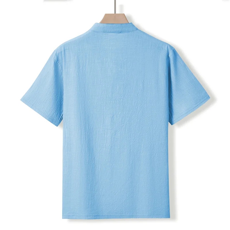 Herren-Henley-Shirt mit Stehkragen, Kurzarm, Baumwoll-Leinen-Mischung, Brusttasche, Atmungsaktiv, Sommer, Alltag, Reise, Strand, Freizeit-Oberteil – Detail 4