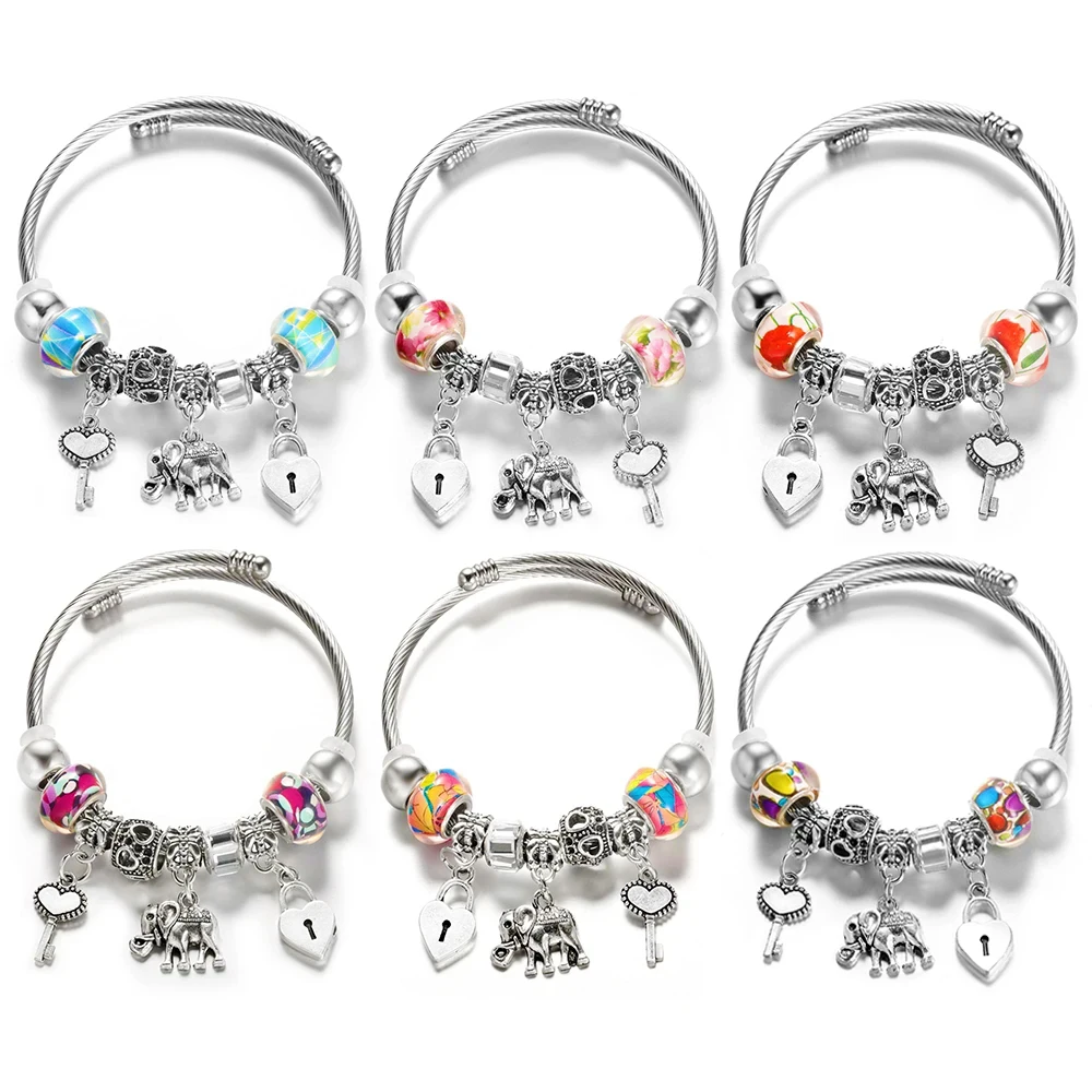New Heart Shaped Love Lock Stainless Steel Elephant Beaded Pendant Bracelet 6 Colors Closure Bangles Bracelet Women Jewelry Gift
