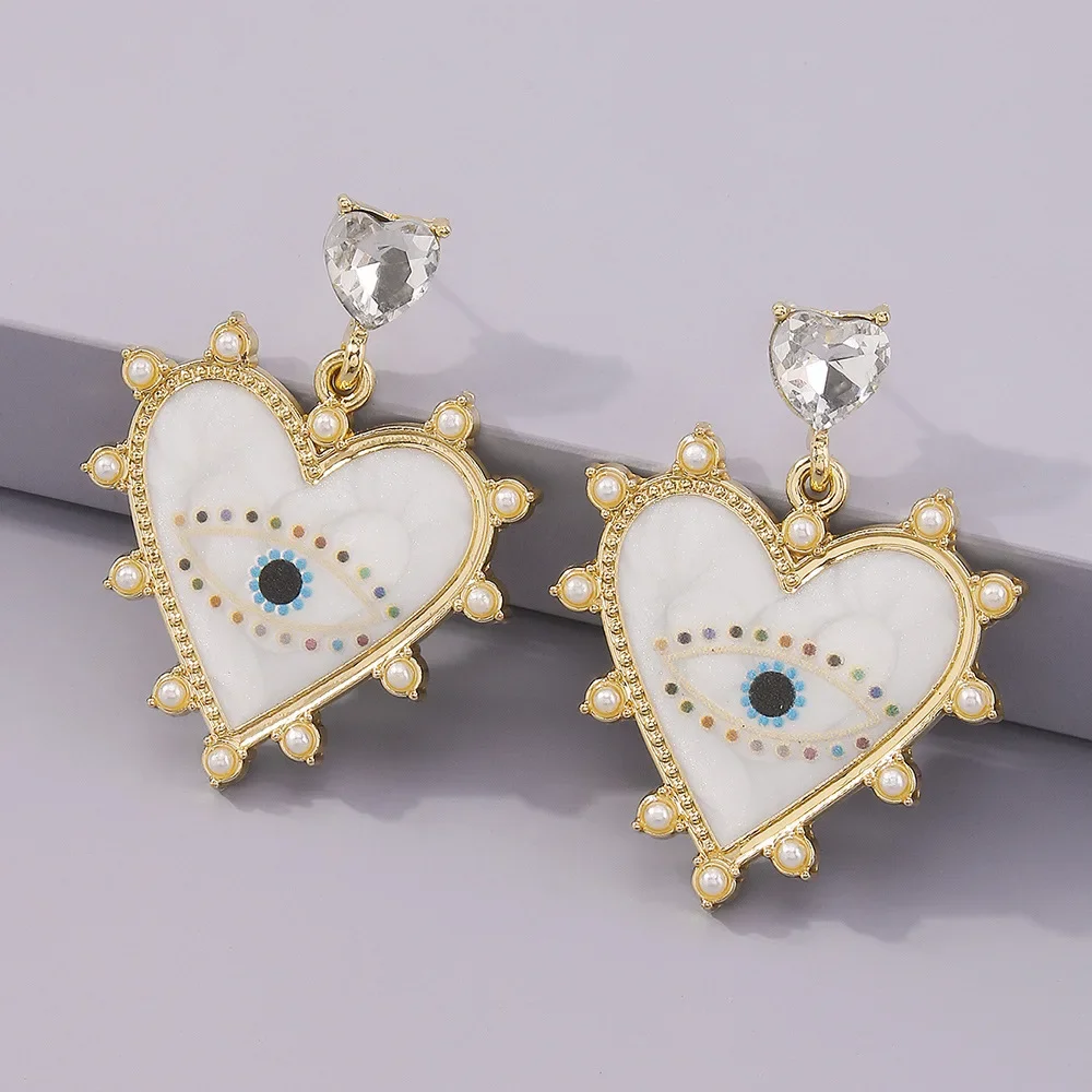 Heart-shaped Exaggerated Devil's Eye Earrings Oil-dropped Micro-embellished Geometric Earrings