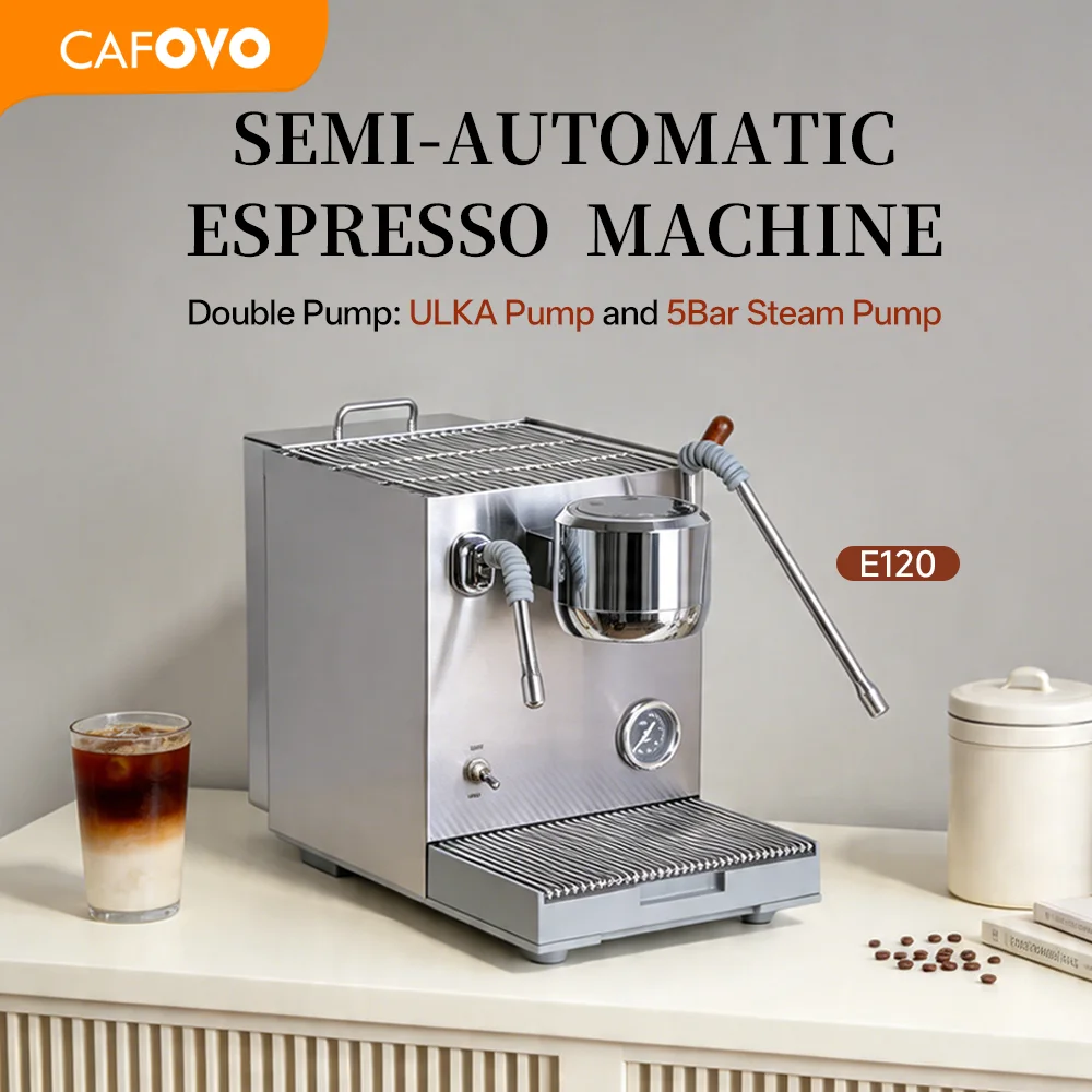 Máquina de Café Expresso CAFOVO E120 9Bar com 3 Caldeiras, Sistema ULKA 2 Bombas OPV e Display OLED para Cafeterias e Baristas 220V