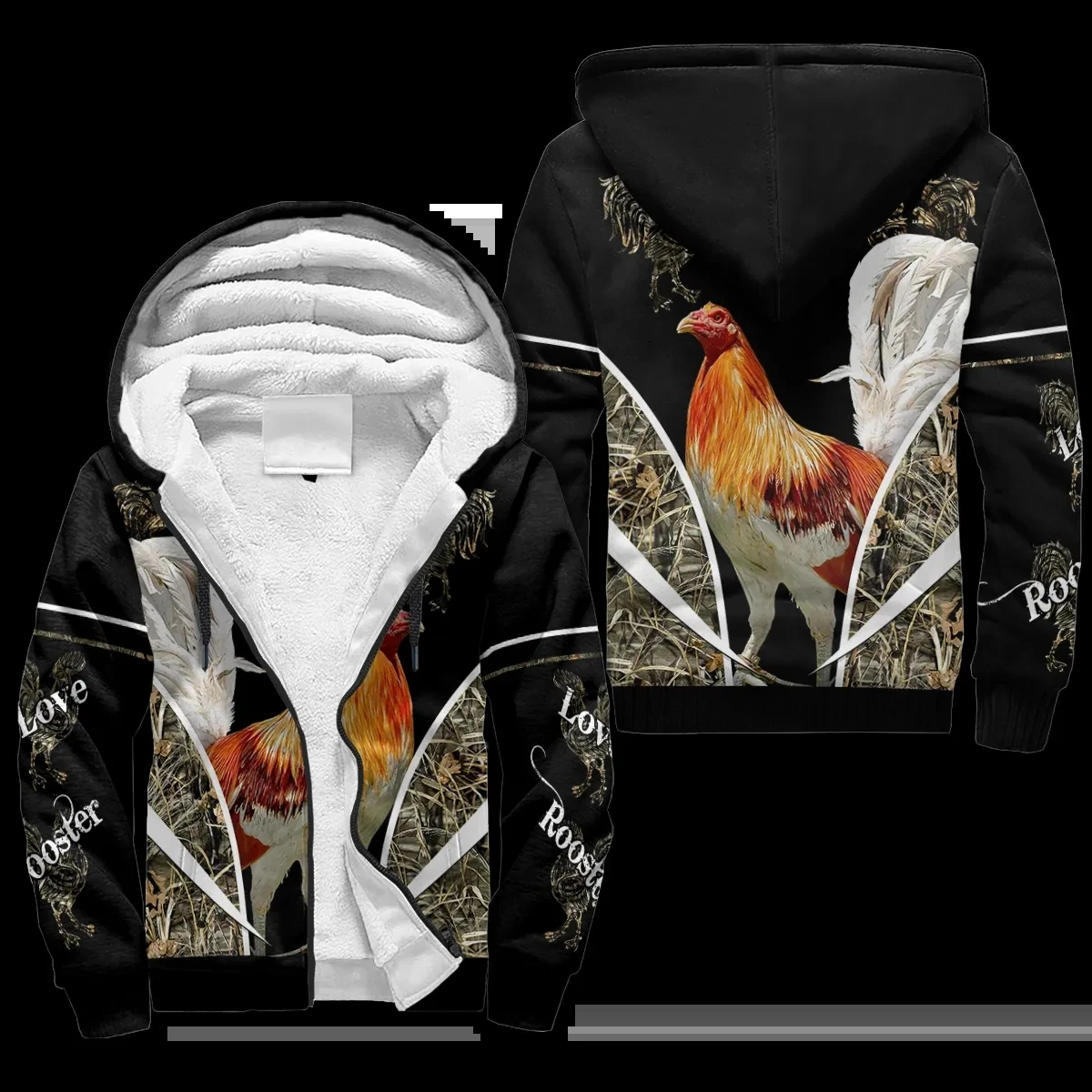 Fashion men's zipper hoodie Beautiful King Rooster 3D printed winter thick zipper hoodie Unisex casual hooded warm wool jacket