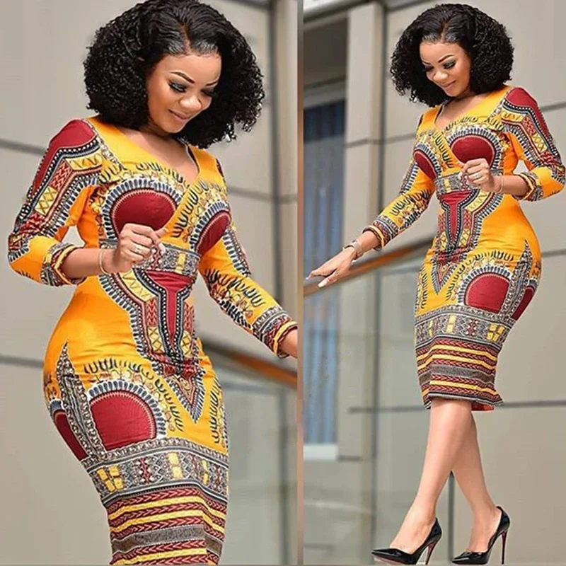 European and American women's African dress long sexy fashion printing national style dress