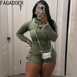 FAGADOER Fashion Solid Ribber Pocket Cargo Rompers Women Hooded Long Sleeve Top And Bodycon Jumpsuits Summer Suspenders Overalls