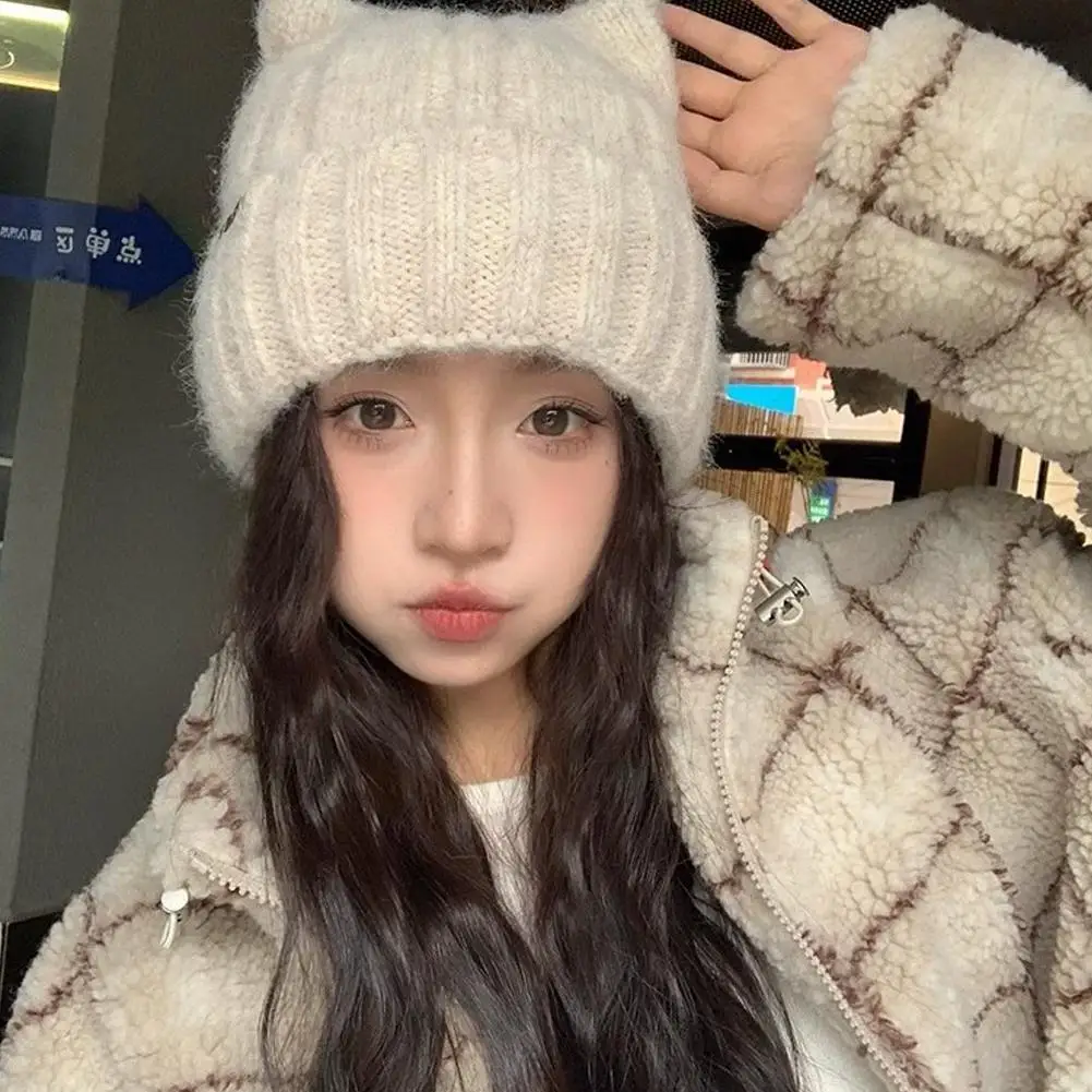 Chapeau en laine avec oreilles de chat mignon pour enfants, chapeau d'hiver en polaire épaisse de Style japonais avec Protection des oreilles, bonnet tricoté chaud