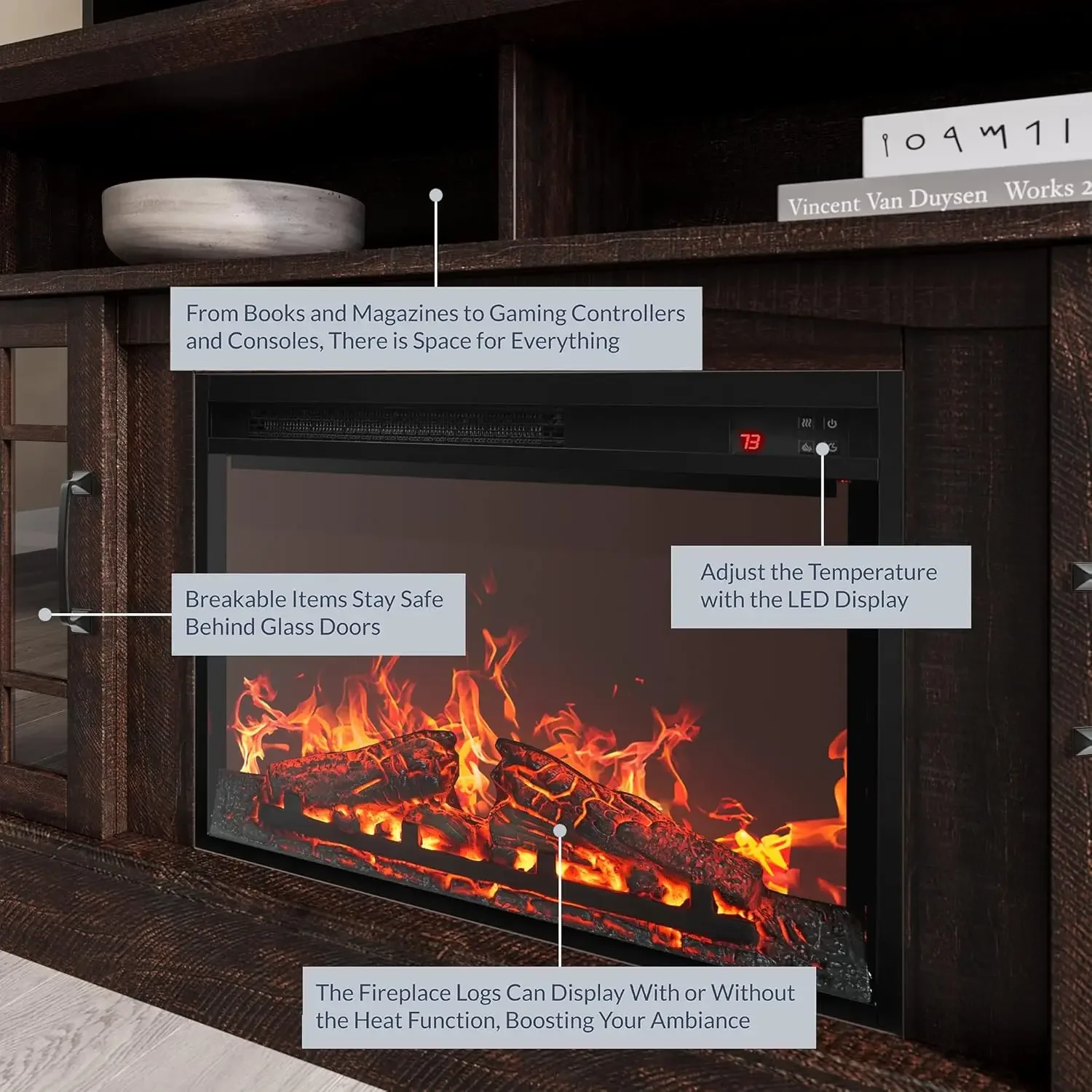 Traditional 58" Rustic TV Stand with 23" Electric Fireplace Heater with Sound, Media Entertainment Center Console Table image 4