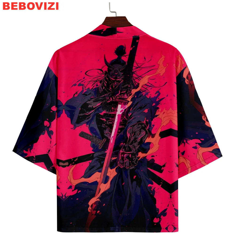 

Japanese Anime Samurai Print Red Cardigan Haori Beach Yukata Cosplay Kimono Fashion Streetwear Men Women Asian Clothing