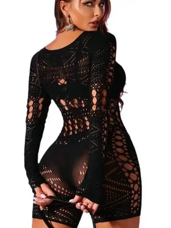 Lingerie sexy in pizzo cavo geometrico a vita alta attillato lavorato a maglia con spalle scoperte Pantaloncini interi Tute corte in pizzo a rete Sexy 6OQ7