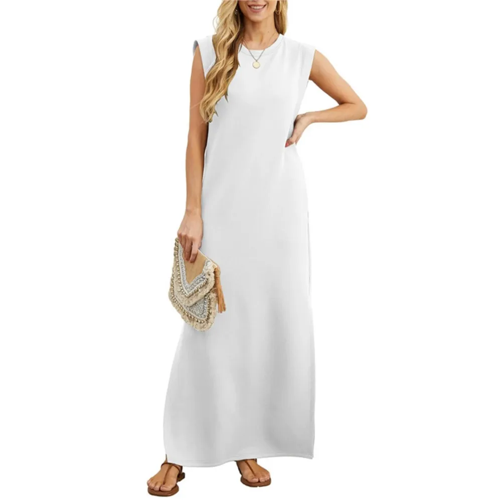 

Fashionable Round Neck Sleeveless Pocket Patchwork Split Long Dress 2024 Womens Summer Casual Loose Solid Color Maxi Dress Femme