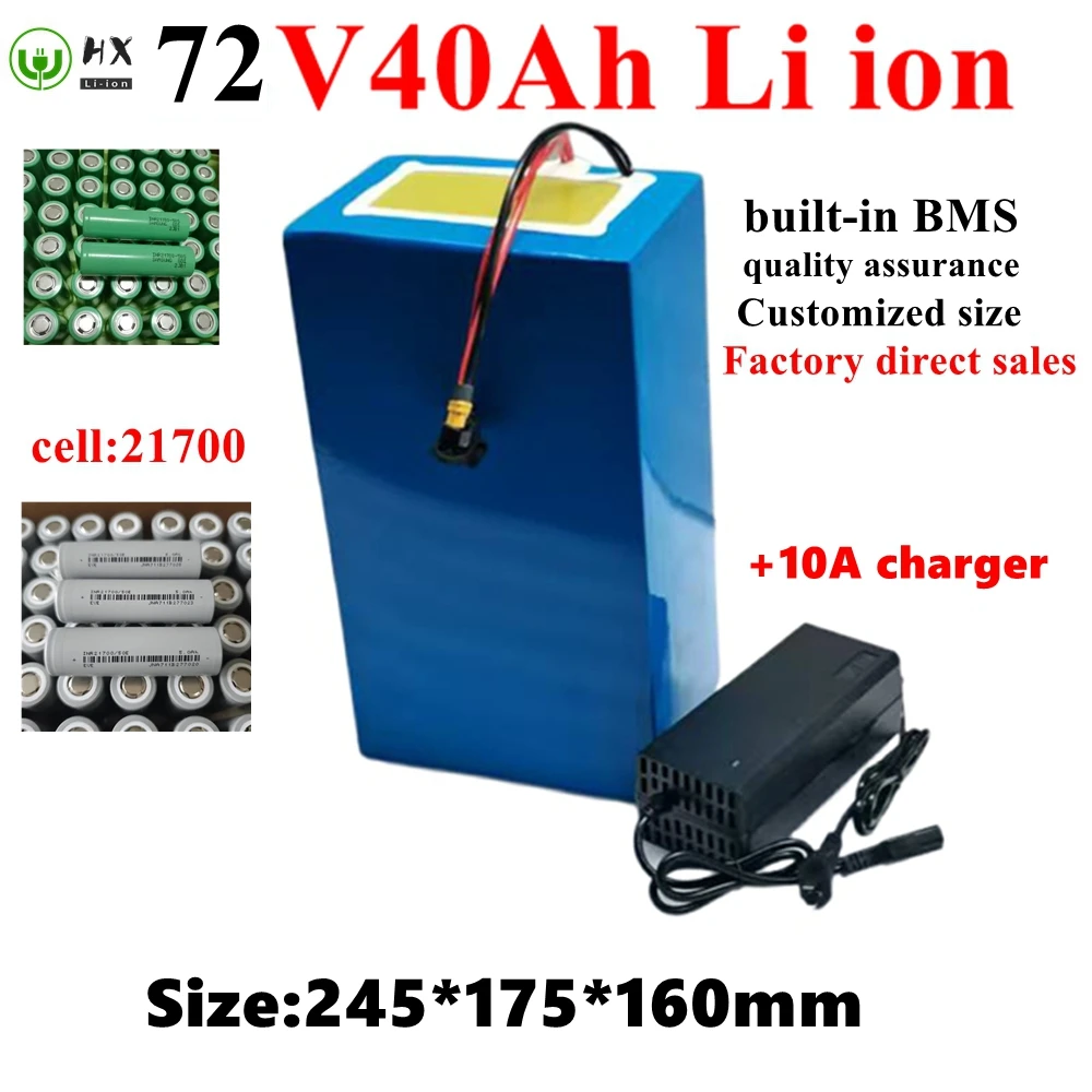 HX-Batterie lithium-ion avec chargeur 5A, 72V, 40Ah, BMS 20S Movie, 2000W, 3500W, 7000W, scooter, Sicile, Go Cart, motor