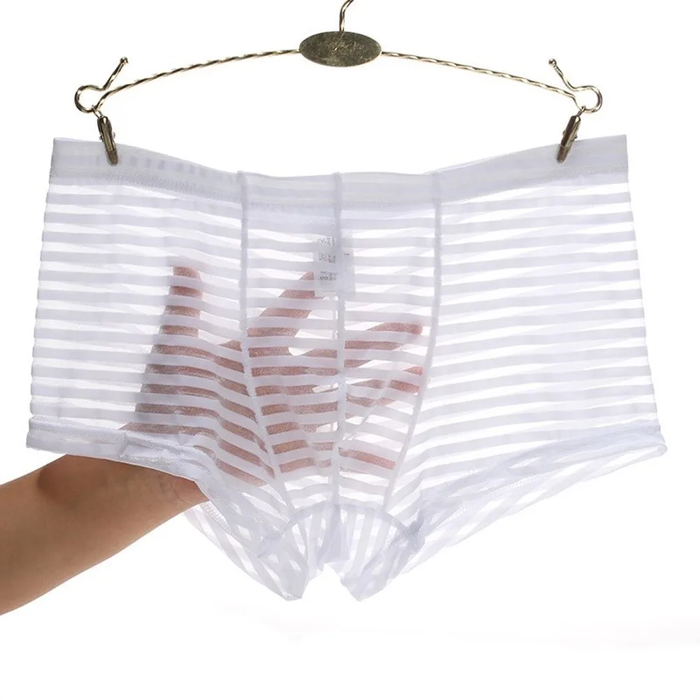 Mens Ice Silk Striped Boxer Trunk Transparent Underpants U Convex Pouch Panties Sexy U Convex Pouch Summer Short Underwear