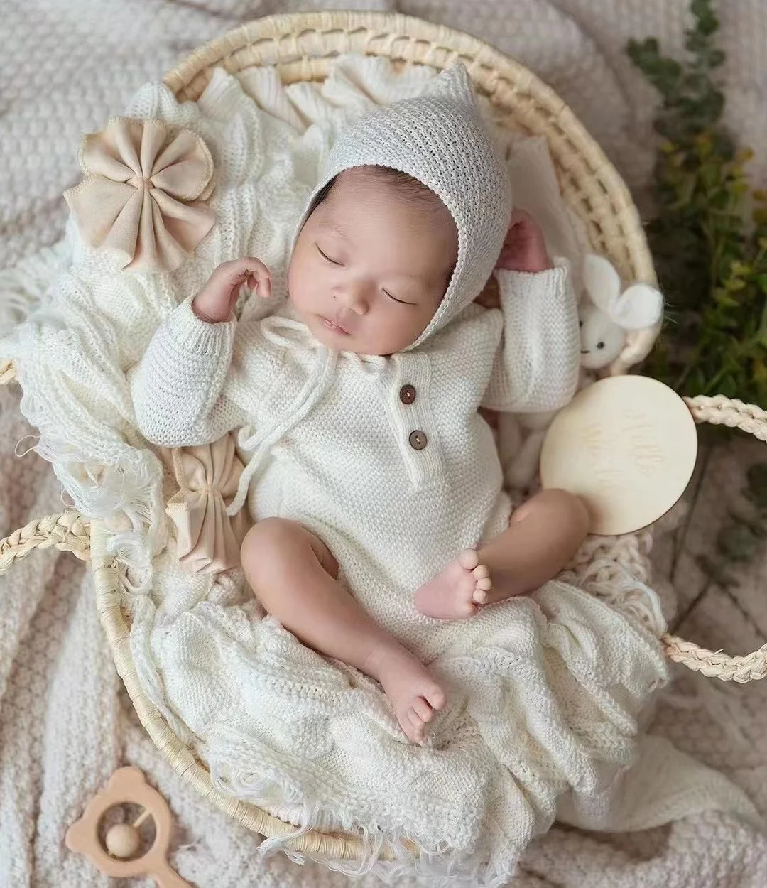 Straw Basket Newborn Photography Props Newborn Posing Nest Photo Baby Changing Basket with Handles Baby Photography Accessories