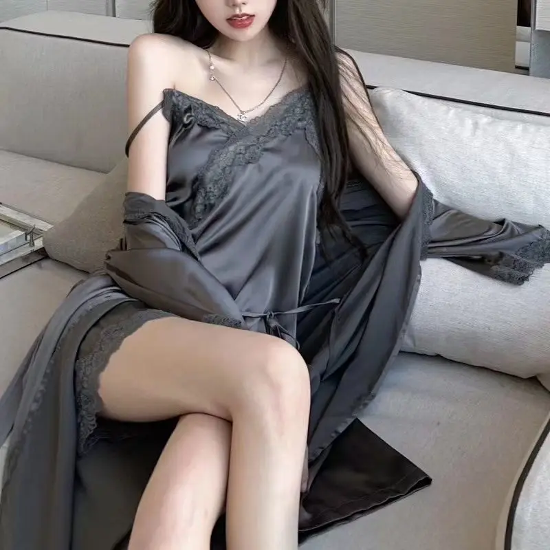 Lace Sense of Ice Silky Night Gown Loungewear Autumn Thin Sex Appeal Emotional Appeal Camisole Pajamas Nightdress Two-piece