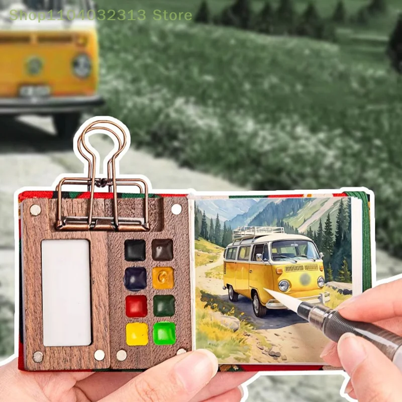 Travel-Friendly Walnut Wood Watercolor Sketchbook Palette with Paint Box and Clip image 2