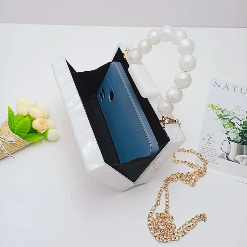 INS Popular Acrylic Box Bag Pearl Clutch Bag With Chain Women Eevneing Bead Handle On Top Party Girl Lady Handbag Purse Wallet