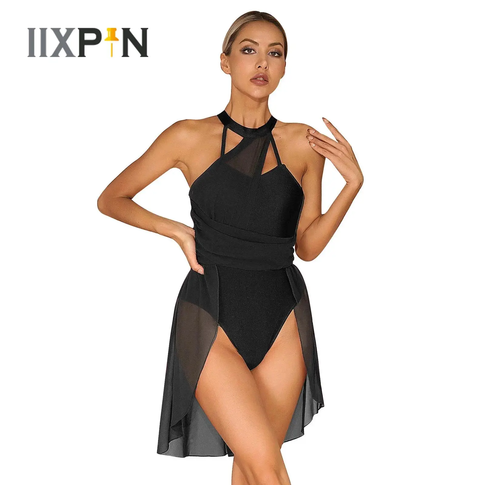 Womens Contemporary Lyrical Dance Costumes Adult Sleeveless Chiffon Ballet Dance Leotard Dress Gymnastics Wear Ballet Dress 2023