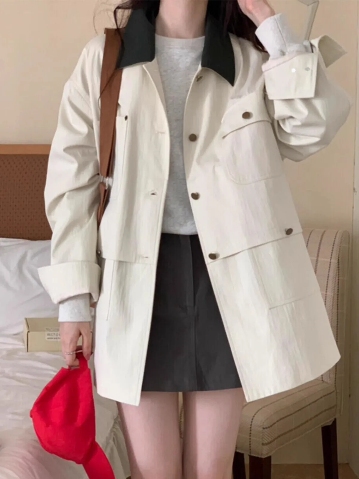 Losse, casual werkkleding Sle-jas Jaet halflange damesjas, kleine maat, lente herfst, Koreaanse versie, polyestervezel, lange mouwen