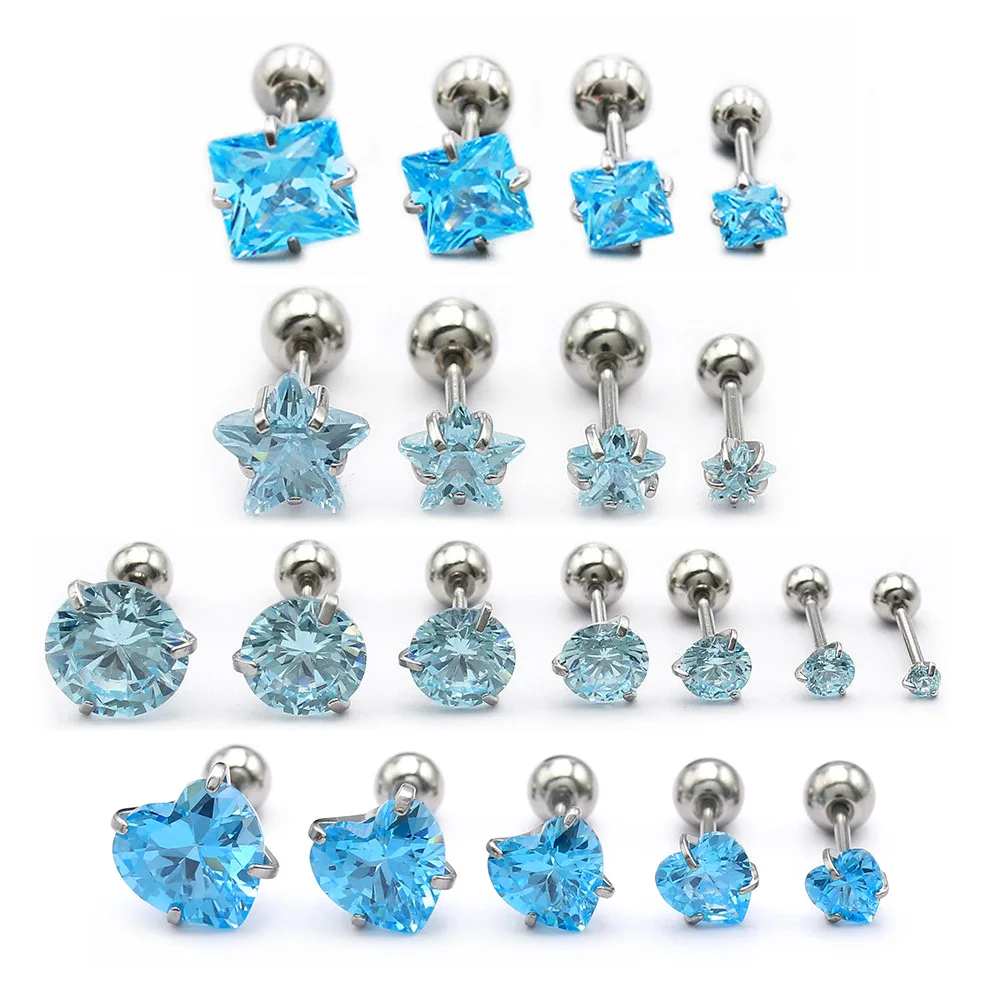 Fashion Stainless Steel Square Heart Round Light Ocean Blue AAA Zircons Earrings Push-Back AAA Quality Ear Stud Jewelry
