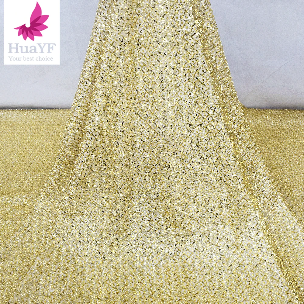 

1 Yard High-end Gold Color Heavy Shining Sequins Beaded White French High Density Wedding Dress Lace Fabric HY2179-1