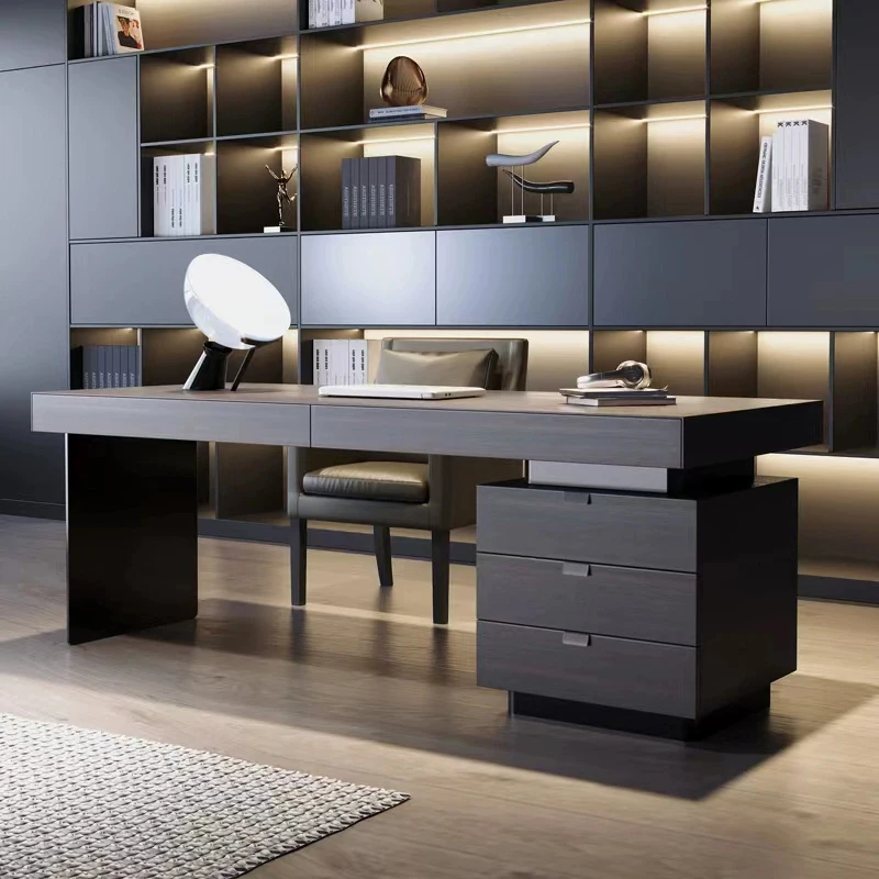 Italian minimalist study desk, light luxury modern smoked wood solid wood writing desk, designer high-end computer table
