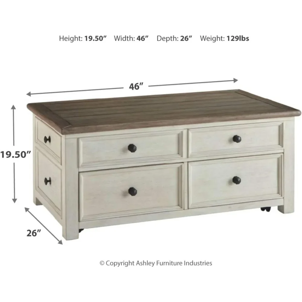 Signature Design by Ashley Bolanburg Farmhouse Lift Top Coffee Table with Drawers, Antique Cream & Brown