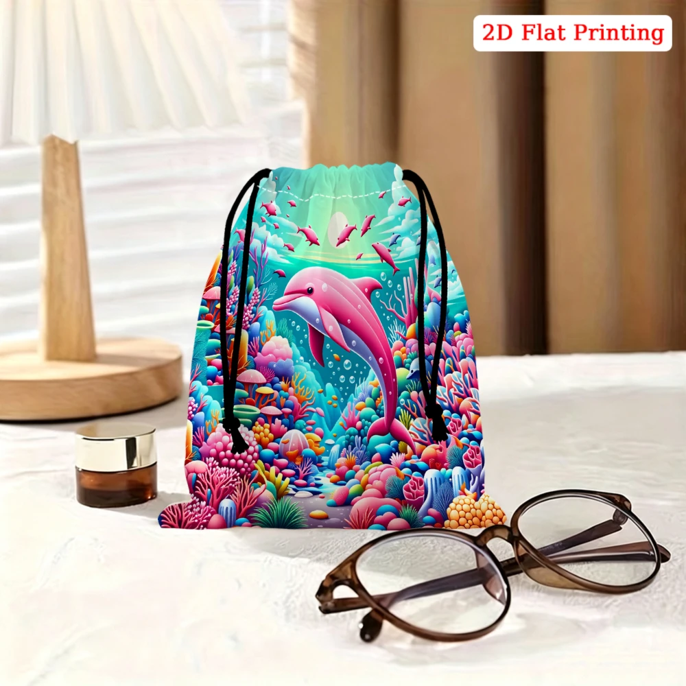 1Pc Cartoon Dolphin Underwater Sea Coral Drawstring Bag Multicolor 2D Flat Printing Storage Small Pouch For Travel Gym Cosmetics