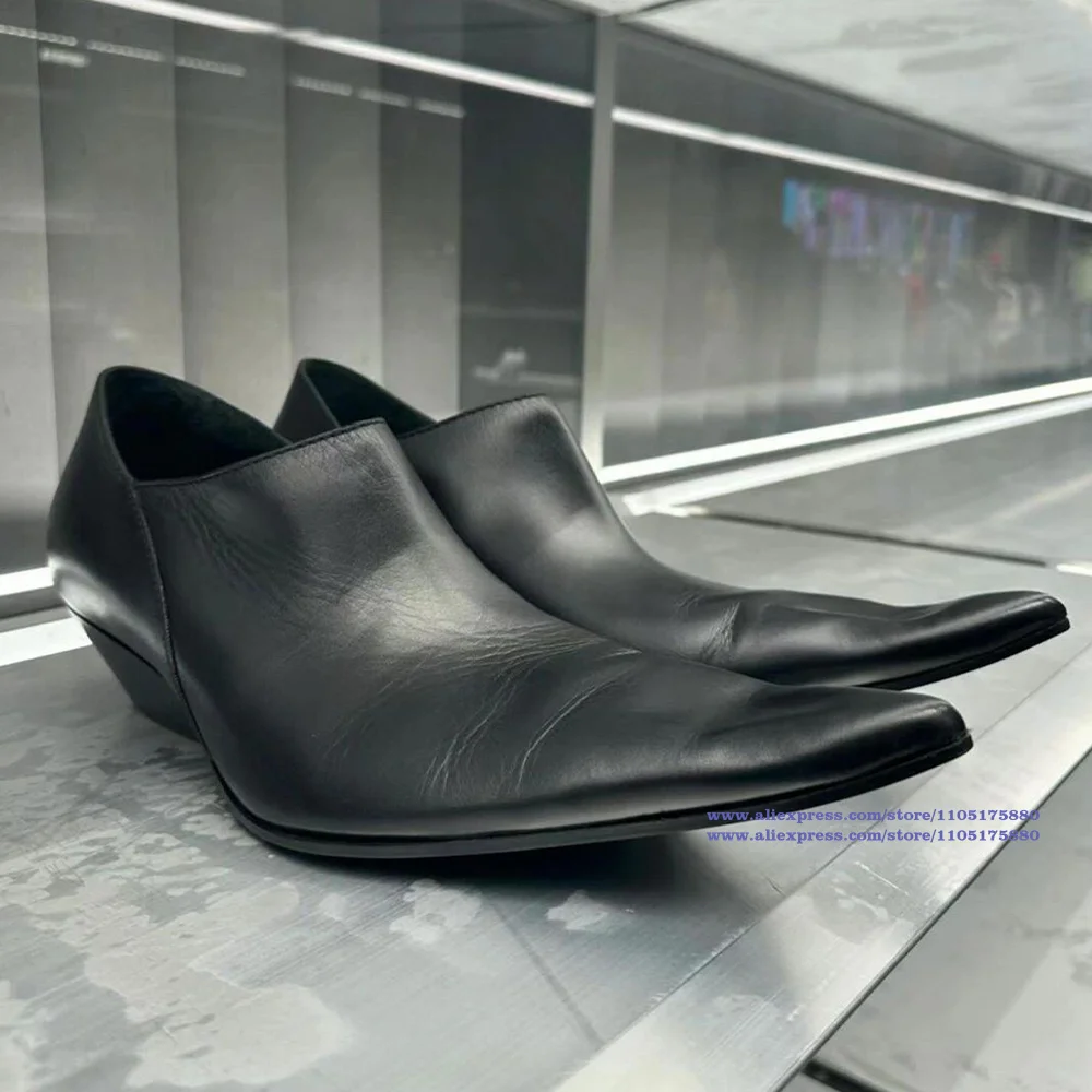 

Pointy Toe Wedge Heel Single Shoes for Men British Style Black Leather Slip On Loafers Trendy Luxury Handmade Men's Shoes