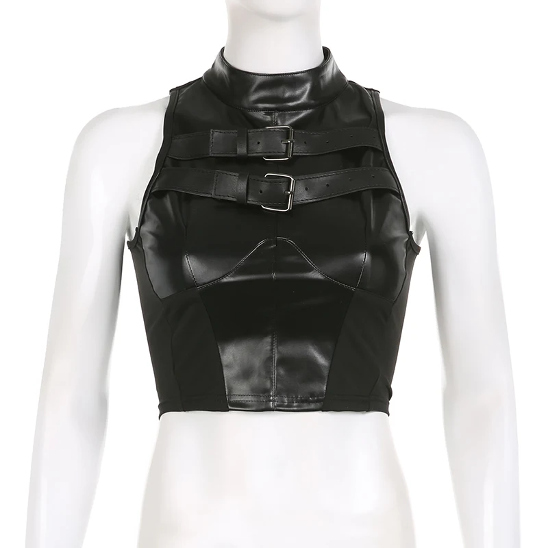 Suchcute estilo punk couro pu retalhos colheita topos feminino grunge biker sem mangas espartilho regata streetwear escuro academia colete