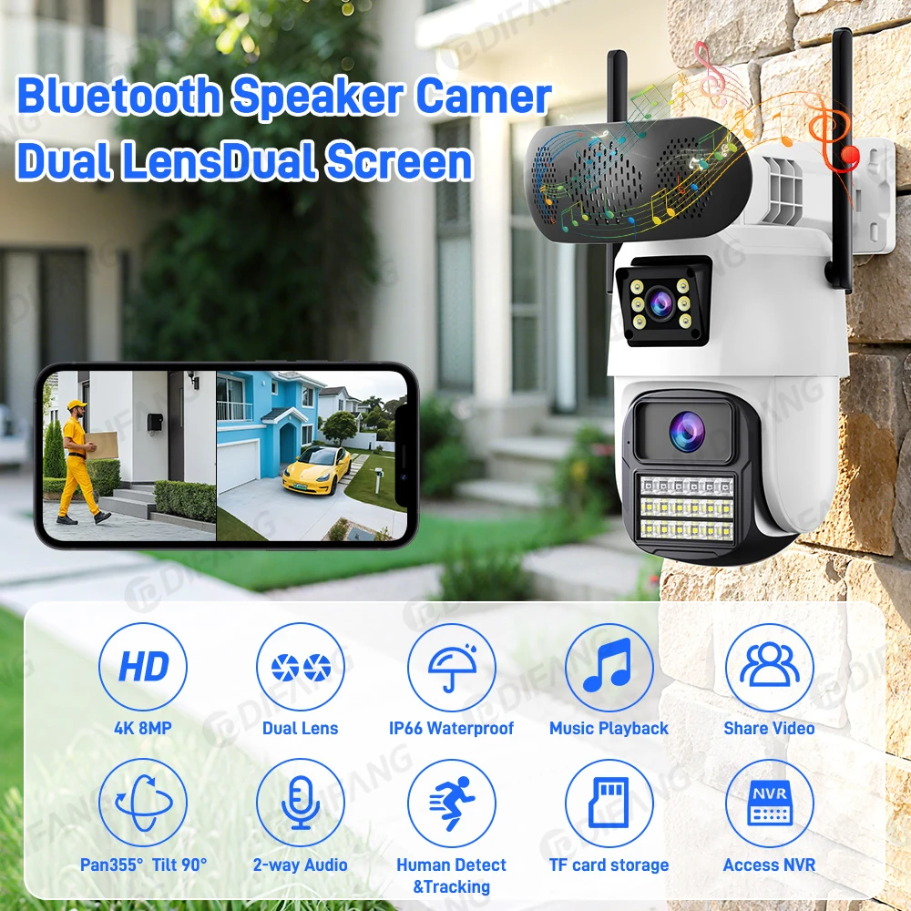 New 8MP 4K WiFi Camera With Bluetooth Speaker Music Play Dual Screen Security Protection ONVIF Wifi Security Cameras ICsee