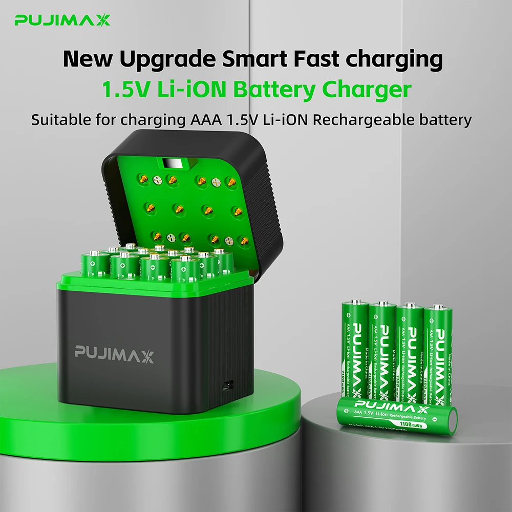PUJIMAX 12-Slot AAA-Batterieladegerät für wiederaufladbare Lithium-Batterien 1,5V AAA 1100mWh Originalbatterien mit hoher Kapazität für Maus und Fernbedienung